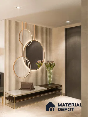 A bathroom with a large tub in the middle of it and wooden flooring next to a white tiled wall above a bathroom with wooden table and white bathtub in the shower stall with a wooden cabinets and white